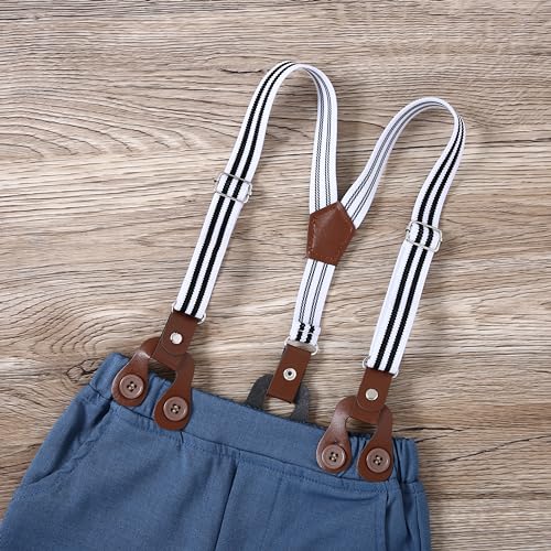 YALLET Toddler Baby Boy Clothes Suit Gentleman Wedding Outfits, Formal Dress Shirt+Bowtie+Suspender Pants(Blue Print, 4-5T)