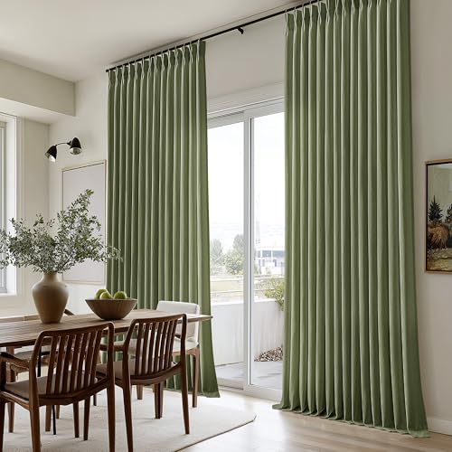 Image of Olive Green Linen Semi Sheer Pinch Pleated Curtains 108 Inch Long | Floor To Ceiling Extra Long, Light Filtering Privacy, Burlap Textured, Living Room, Hook Rings Memory Shape, Rustic Classic