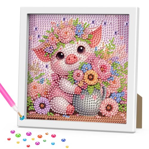 RICUVED Piglet Diamond Art Painting Kits for Kids, Cute Animal Diamond Art Kit with Frame for Adults Beginners, Flowers DIY Mosaic Gem Kits Ages 6-8-12 Art and Crafts for Gift Home Decor 7.1x7.1inch by RICUVED - Used condition - US$6.19