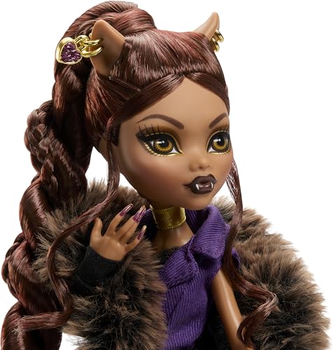 Image of Monster High Doll, Clawdeen Wolf House of Wolf Collectible with Faux Fur Jacquard Coat, Purple Blazer Dress, Pantaboots and Golden Accessories