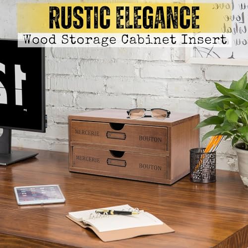 Flexzion Retro Schubladenbox Holz, Mini Kommode 2 Schubladen, Französischen Vintage Stil Schubladencontainer Ablagefächer Schreibtisch Organizer Büro Aufbewahrungsbox Schubladenbox, Natur & Braun