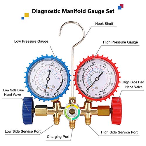 KONDUONE 5FT AC Gauge Set for R134A R410A R22 Refrigerants A/C Diagnostic Manifold Gauge Set with 2pcs 1/4 Inch Quick Coupler