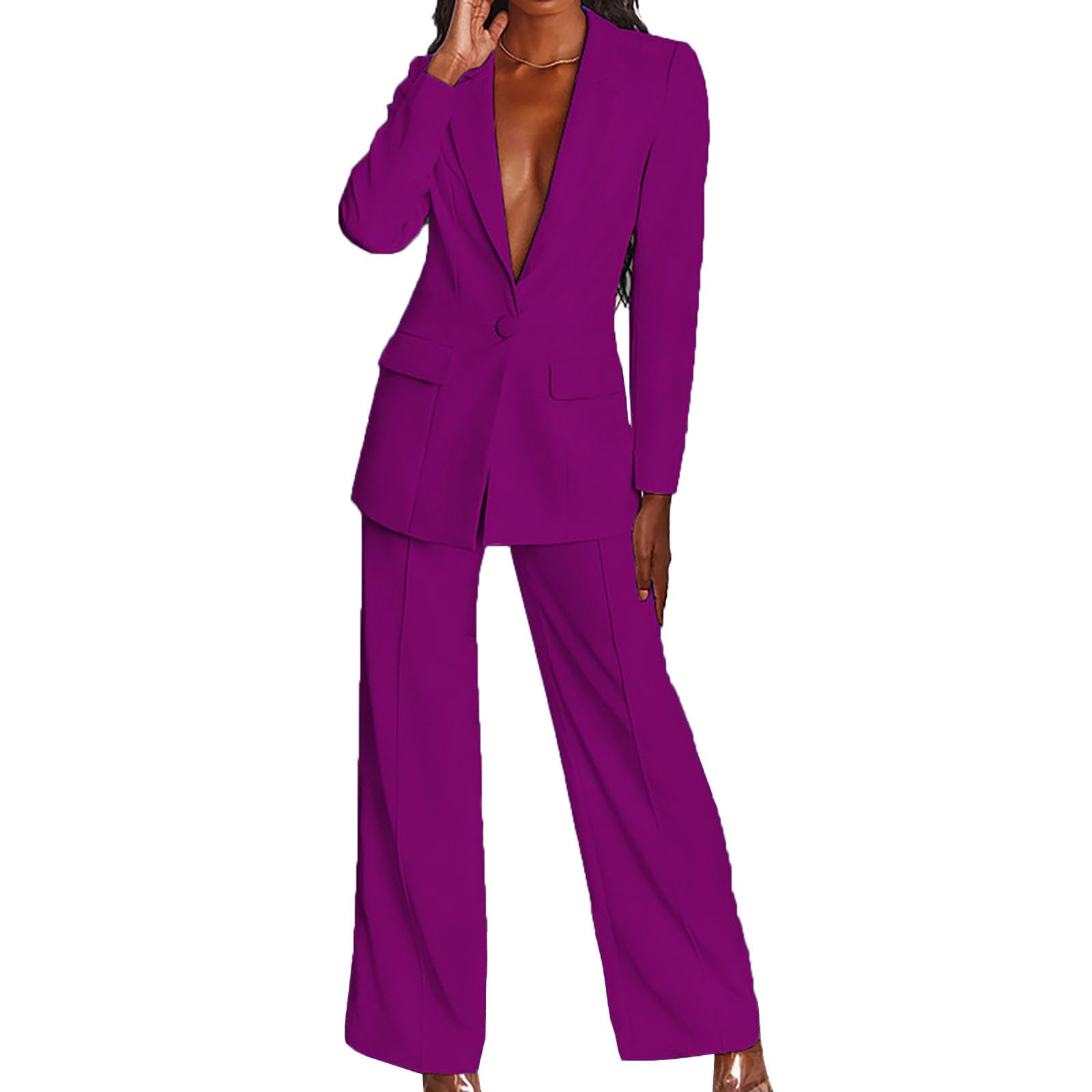 Womens 2 Piece Suits Set Business Office One Button Blazer Jacket Casual Long Sleeve Pant Suit Set