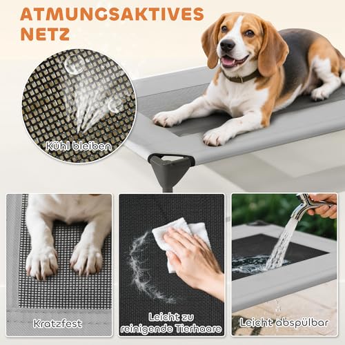 PawHut Hundeliege Outdoor mit Dach, Erhöhtes Hundebett für Mittelgroße Hunde, Kühlendes Haustierliege mit Waschbares Mesh Stahlrahmen Tragtasche, Haustierbett für Draußen Camping 76x61x71cm, Hellgrau
