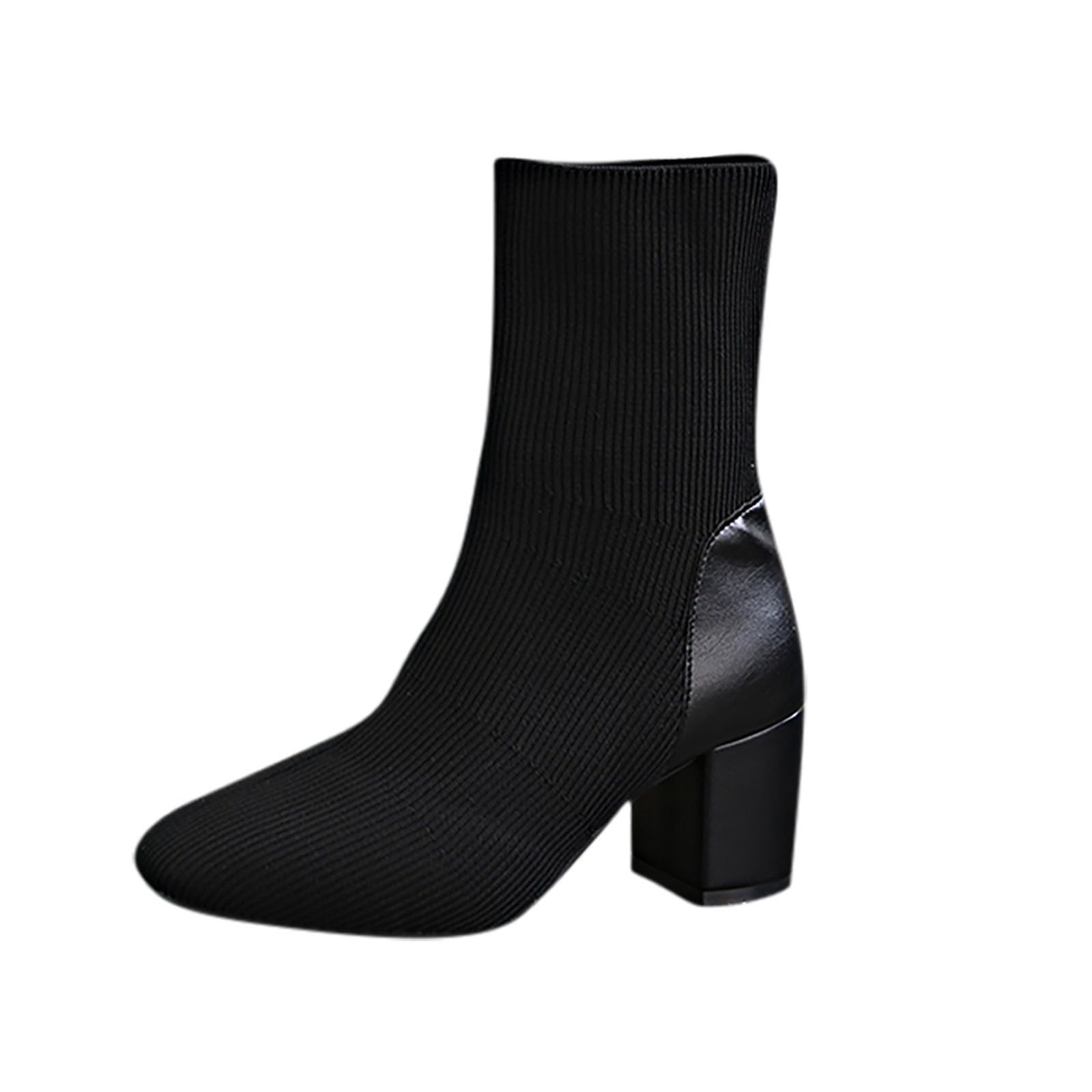 Women Sock Booties Chunky Mid Heeled Non Slip Combat Boots Stretch Knit Slim Fit Pull On Boot Pointed