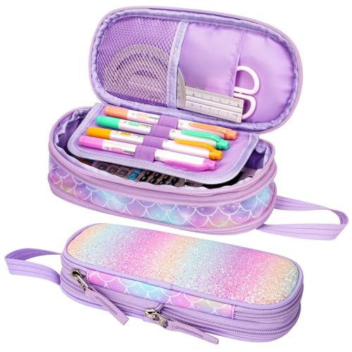 Image of Pencil Case for Girls - Expandable Big Capacity Pencil Cases for Kids Special Pencil Pouch for Girls Sparkly Kids Pencil Bag for School (Glitter Purple, Mermaid)