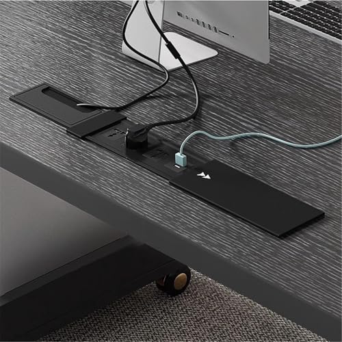 モダン 引き出し付きモダンなPCデスクワークステーション、ブラックオークグレイン仕上げライティングテーブル、充電ステーション付きホームオフィス用 PCテーブル [3]