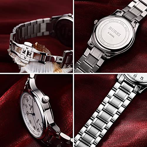 Burei Elegant Women Watch Stainless Steel Quartz Wrist Watch With Arabic Number Analog And Date Calendar (White) #TOP4