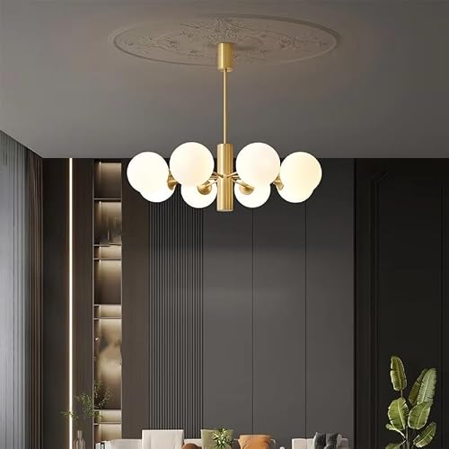 ASerZenith Nordic Copper Chandelier For Living Room Bedroom Dining Study Apartment White Glass Ball Led Light Fixture Brass Ceiling Lamp(3 Color Light-8 Lights)