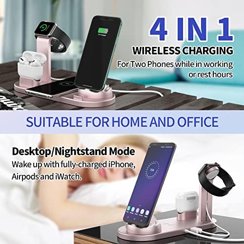 6 in 1 Wireless Charging Station, 360° Rotatable Charging Dock for Apple/Micro/Type C Phones/Airpods, Qi Wireless Charging for iPhone 8/9/10/11 Series/12 Series/Samsung, Stand for iWatch (Rose -2)
