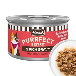 Merrick Purrfect Bistro Savory Salmon and Sweet Potato Recipe Adult Natural Wet Cat Food in Gravy, Delicious Premium Ingredient High Protein Cat Food – (Pack of 24) 3 oz. Cans