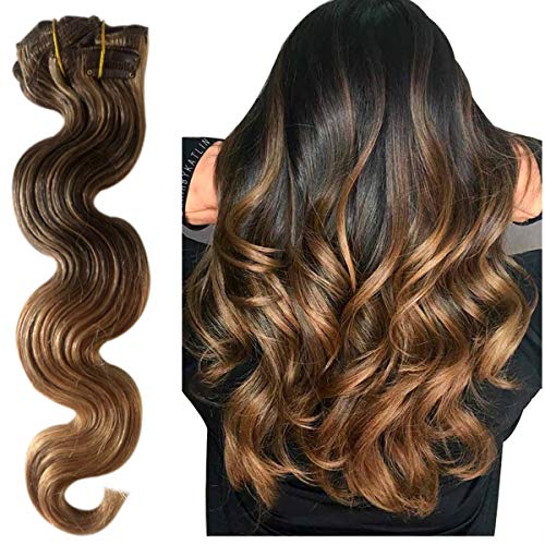 Munx Clip in Human Hair Extensions Ombre Medium Brown with Medium Golden Brown Fad to Strawberry Blonde Remy Human Hair Extension Natural Hair Bundles 14 Inch 100G 8Pics/set