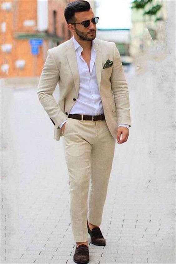 Linen Suits for Men 2 Piece Slim Fit Wedding Groomsmen Casual Summer Linen Blazer Pants Suit2