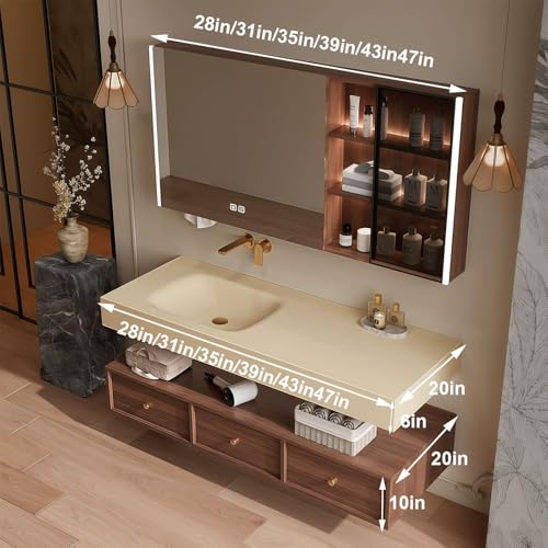 Modern Wall Mounted Floating Bathroom Vanity with Integrated Ceramic Sink, No Assembly Required, Hanging LED Intelligent Lighted Sensor and Demisting Mirror, Cabinet Spaces, 3 Soft Close Drawers