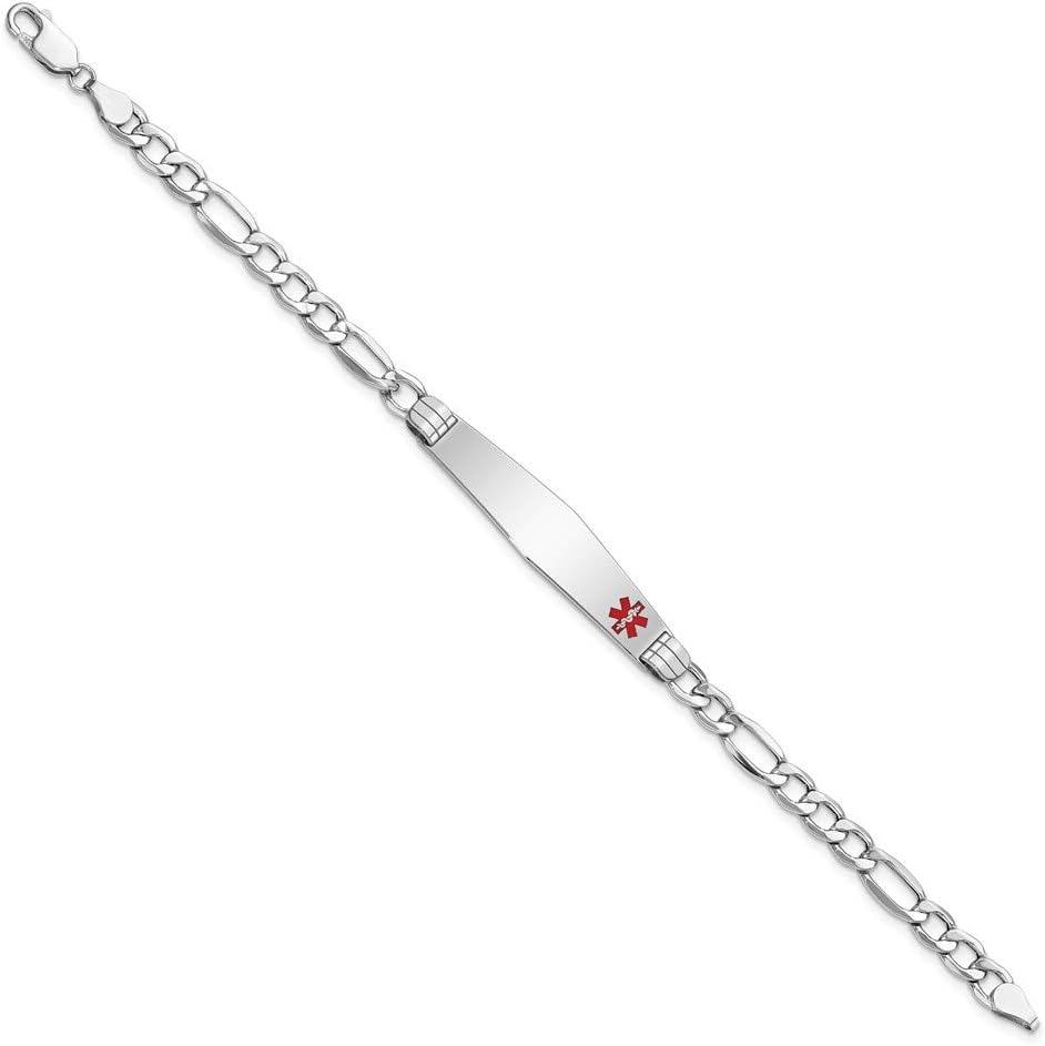 Engravable Personalized Custom 14K White Gold Semi-Solid Medical Soft Diamond Shape Red Enamel Figaro ID Bracelet For Men or Women Length 7 inches Width 9 mm