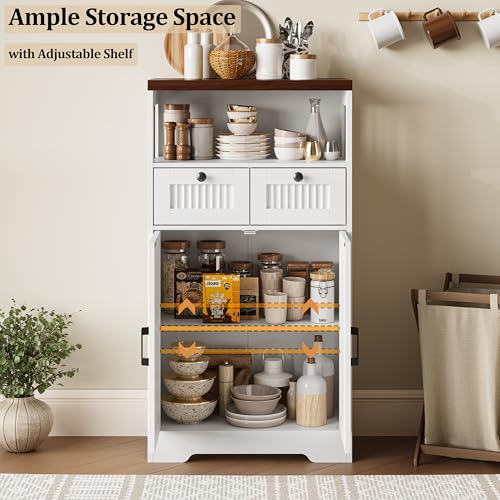 Image of Fluted Storage Cabinet with Doors, Kitchen Pantry Storage Cabinet with Adjustable Shelf, Freestanding Wood Cupboard for Living Room, Bathroom, Laundry Room, White