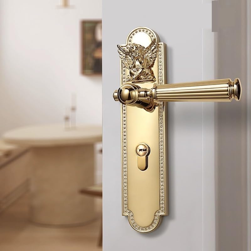 Door Knob Little Angel Door Handle Integrated Lock Bedroom Door Silent Room Bathroom Wooden Gold Bright Doors Levers(Color1,Silent Lock)