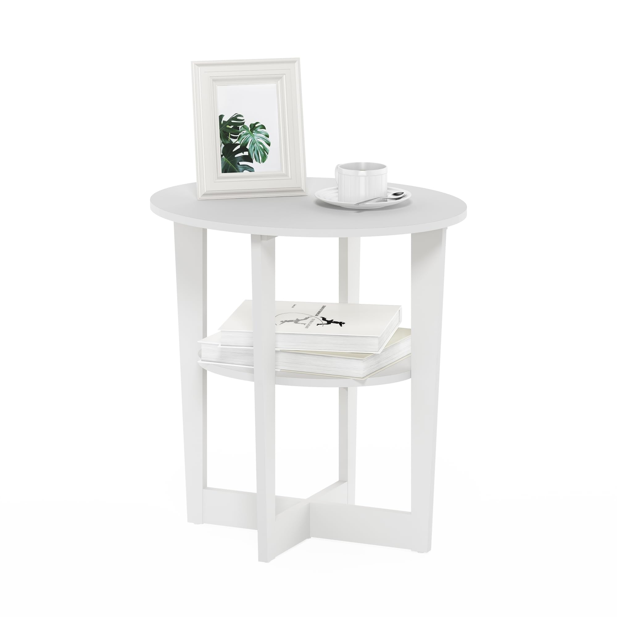 Furinno Jaya Side Table 2-Tier Round Modern End Table with Oval Tabletop Night Stand Bedside Table with Open