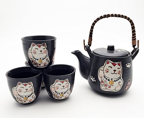 Japanese Lucky Cat Maneki Neko Tea Set Ceramic Teapot With Rattan Handle And 4 Tea Cups (Black) #TOP11