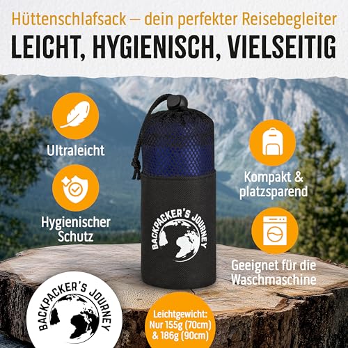 Backpacker's Journey Hüttenschlafsack (nur 168g), ultraleichter und platzsparender Reiseschlafsack aus Polyester. Ideal für Backpacking, Hostels und Hütten (90 cm, blau)