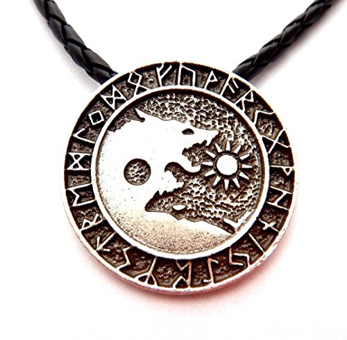 Wolf Yinyang Viking Runes Pendant Black Cord Necklace Fenrir Skoll Sun Hati Moon Wolves yin yang