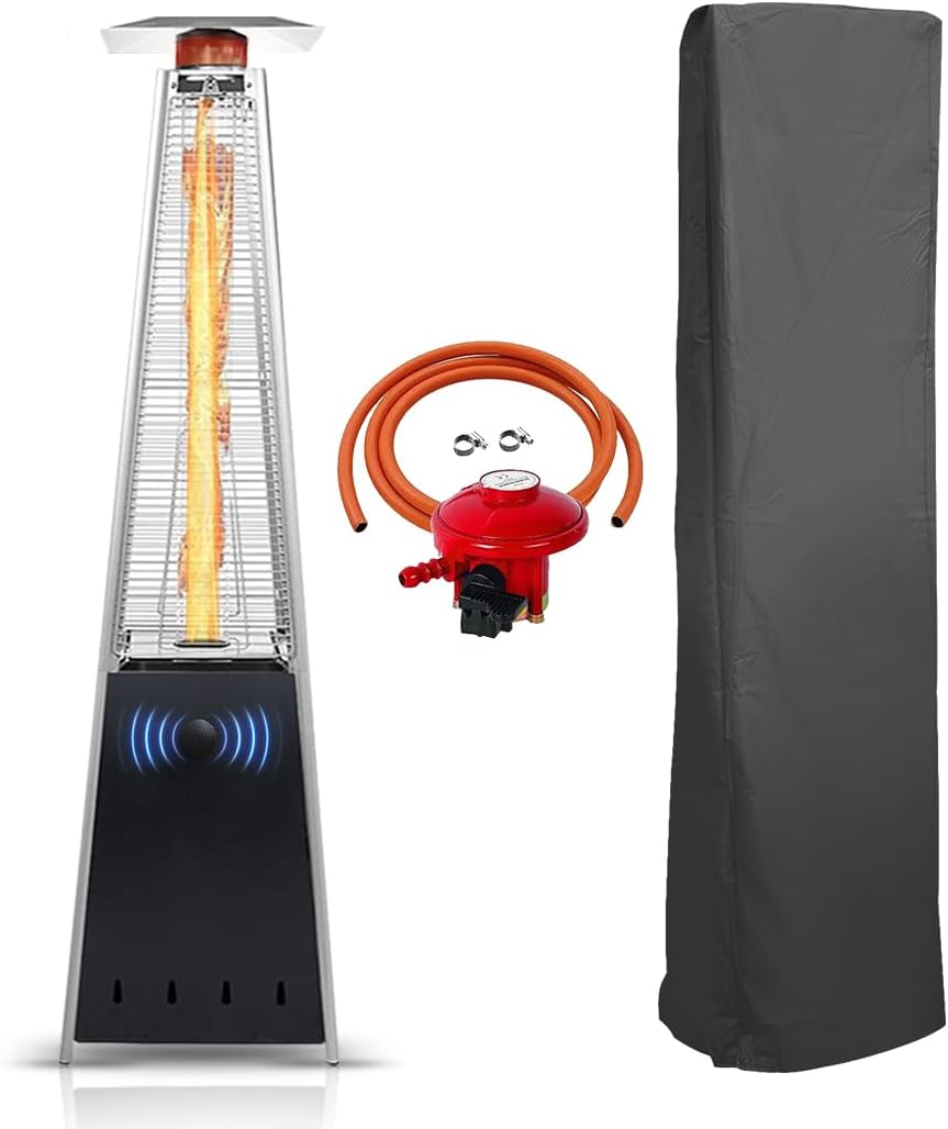 BU-KO Outdoor Patio Gas Heater | Garden, Camp, BBQ Parties | Stainless Steel Pyramid Style 13kw Propane Burner | Portable Wheels, Regulator & Hose | LPG Warm Heating Fire & Water Proof Cover Included