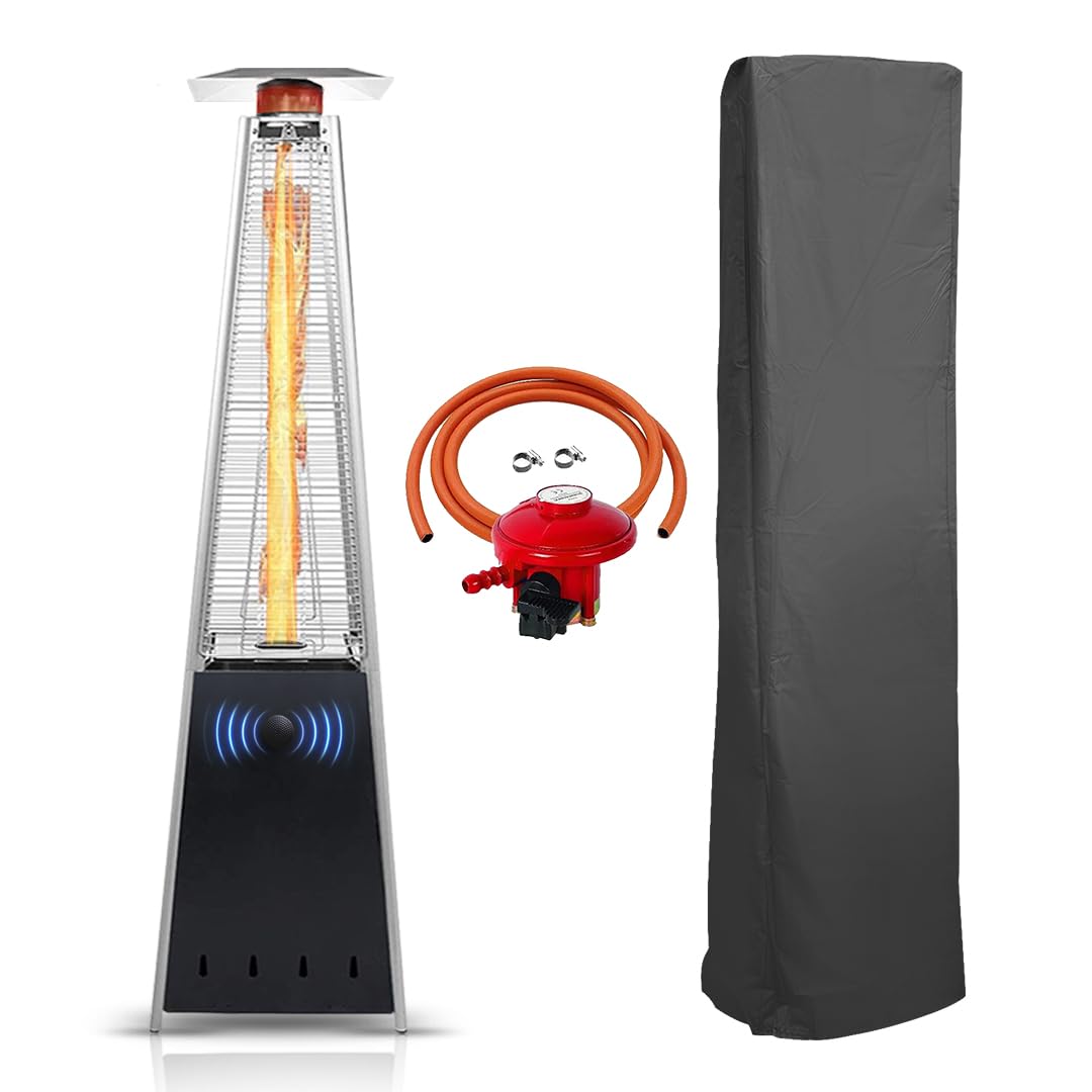BU-KO Outdoor Patio Gas Heater | Garden, Camp, BBQ Parties | Stainless Steel Pyramid Style 13kw Propane Burner | Portable Wheels, Regulator & Hose | LPG Warm Heating Fire & Water Proof Cover Included — view 15