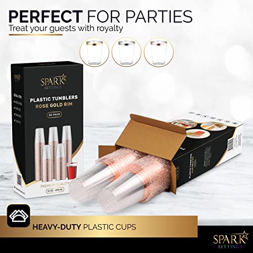Sparksettings Rose Gold Plastic Cups Disposable, 50 Pack 10Oz Elegant Clear Party Cups, Sturdy Plastic Wine Tumblers For Weddings, Bridal Showers, Christmas Disposable Cups For Wine, Sodas, Drinks #TOP1