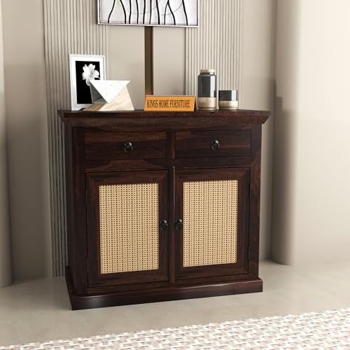 Image of Solid Sheesham Wood Sideboard Cabinet with Cane Woven Doors 2 Rack and 2 Drawers | Wooden Storage Cabinet for Living Room & Dining Room (Walnut Finish)