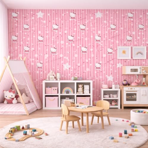 Image of Pink Kitty Stripe Kids Room Wallpaper | Cute Cartoon Nursery Wall Decor for Baby Room | Self Adhesive Peel & Stick Removable Wallpaper, Washable Wall Covering for Bedroom Nursery 2 x 50 Feet