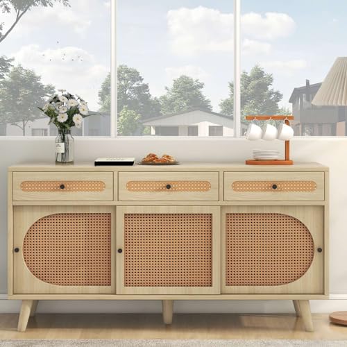 KOMHTOM Rattan-Anrichte mit 3 Türen und 3 Schubladen,...