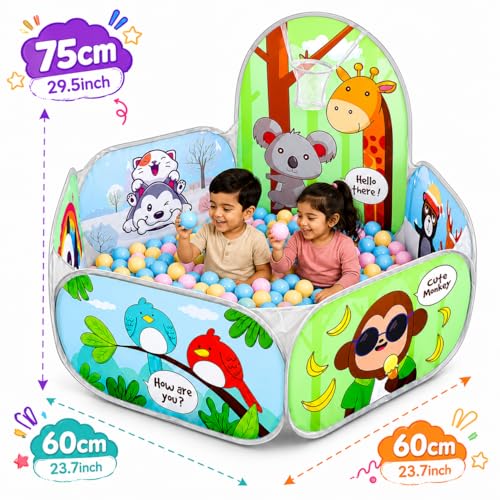Image of Magicwand X-X-Large Size Mesh Multi-Colored Cartoon Theme Pop-Up Activity Basket Ball-Pool with【50 Balls】【Age Upto 3 Yrs】