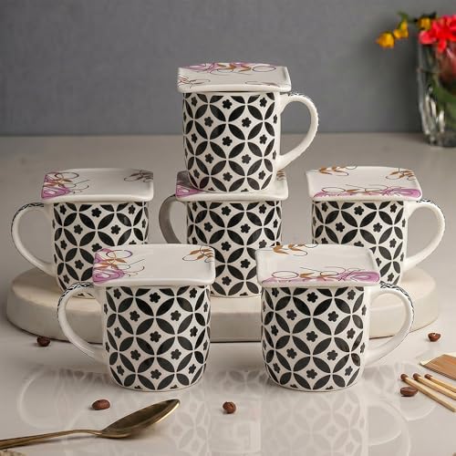 Image of U.P.C. Premium Bone China Ceramic Coffee Mug Set of 6 with 6 Coasters | Designer Tea & Coffee Cups |Printed Ceramic Mug Set | Tea Cups for Home,Office.