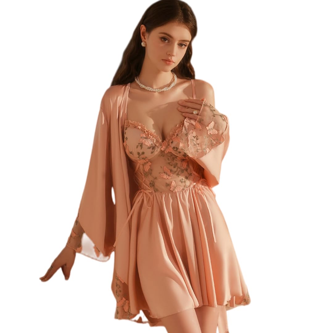 Chemise De Nuit Léger Ensemble Nuisette/Robe De Chambre en Satin Brodé De Papillons, À Nouer Et À Effet Push-Up