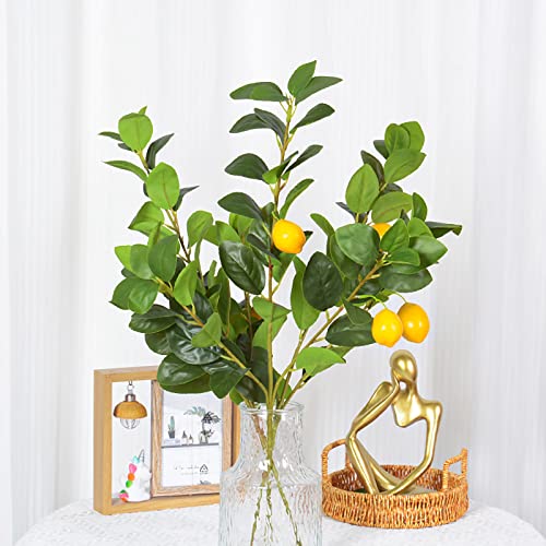 PRTECY 4 Pcs Artificial Lemon Plants Branches 25.59 Inch Faux Yellow Lemon Branch Stems with Green Leaves Lemon Twig Spring Picks for Farmhouse Table Kitchen Party Decor
