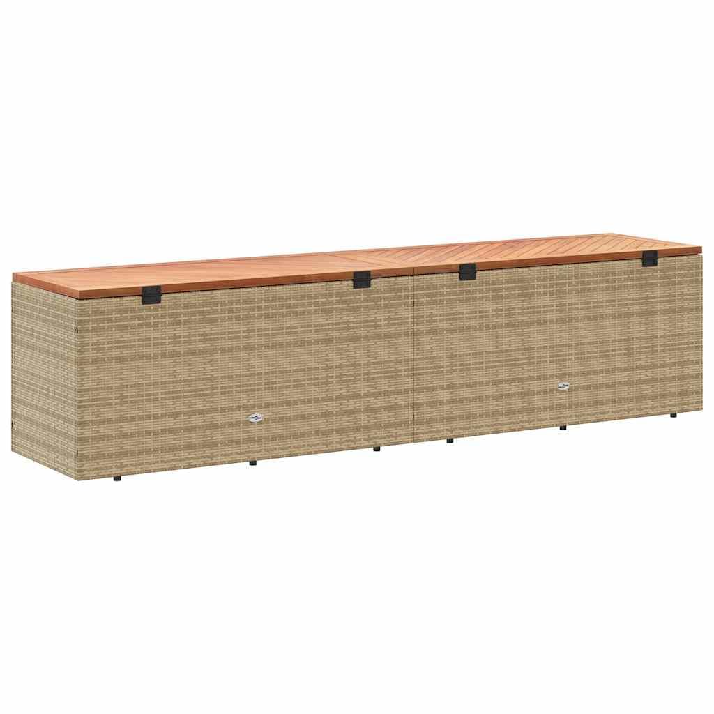 Cassapanca da giardino beige, 220 x 50 x 54 cm, in polyrattan, legno di acacia, resistente alle intemperie, contenitore per cuscini, per terrazze, balconi, esterni, con borsa dell'acqua