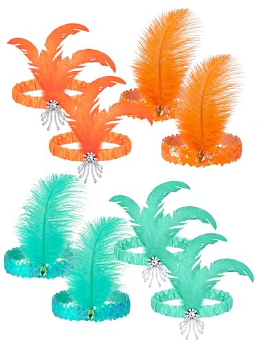 CraftyDream 8 Pcs Showgirl Style Party Showgirl Style Headpiece Feather Headband Orange and Mint Green Sequin Headband Jewel Hair Accessory Vintage Headpiece for Birthday Outfit Bachelorette Favors