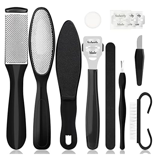 Sularpek Ensemble de pédicure pour pieds, lime à pied 10 en 1, lime à pied pour peaux dures, lime à pieds en acier inoxydable, kit d'outils de nettoyage des pieds pour femmes et hommes à domicile