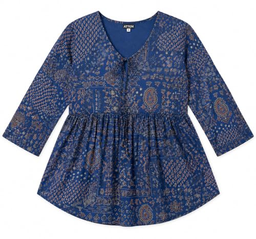 Image of ATTEM Women's Pure Cotton Printed Top | Casual Western Tunic for Women | 3 /4 Sleeve V-Neck Tie-Up Regular Fit Top | Office Wear