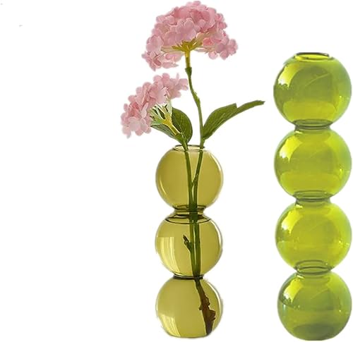Bud Vase Set of 2, Bubble Hydroponic Vase Small Glass Flower Vase Clear Centerpieces for Wedding Rustic Home Decor, Decorative Glass Bottles for Office Table Decoration (Green)