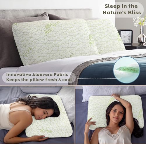 Image of AYKA Aloevera Memory Foam Pillow for Neck & Shoulder Pain | Neck Orthopedic Pillow for Sleeping, Pain Relief & Spinal Alignment | Ergonomic Design | 2 Years Warranty (Set of 1)