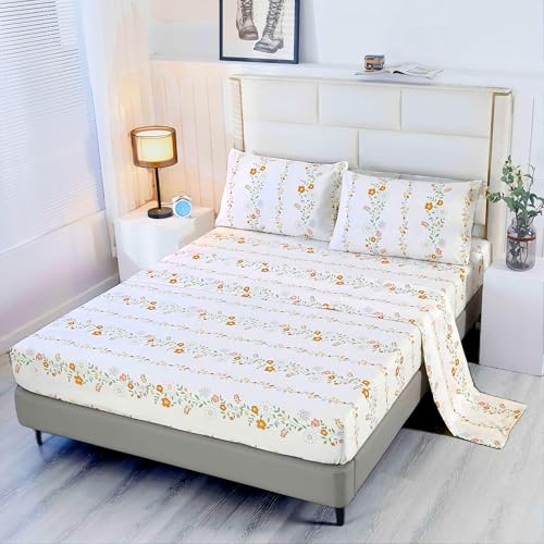 Sdy 4Pcs Pink Floral Fitted Sheet Queen, Boho Sheets Queen Pink Floral Sheets, Floral Bedding White Sheets Queen Set thumb #5