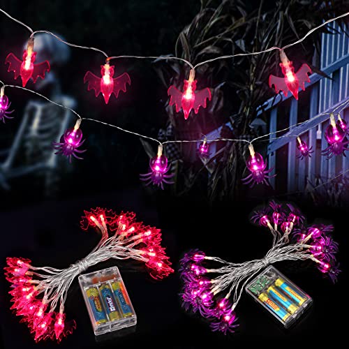 Freepower 3 m lange Halloween-Lichterkette mit 20 roten LED-Fledermäusen lila Spinne Halloween Party Lichter Batteriebetriebene Lichterkette für Hof Indoor Outdoor Dekorationen Cover