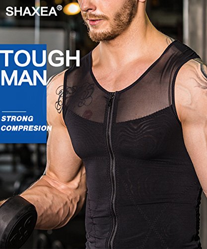 Shaxea Original Zipper Men's Strong Compression Shirt To Hide Gynecomastia Body Shaper Chest Slimming Body Shaper Fit Undershirt (Medium, Black) #TOP1