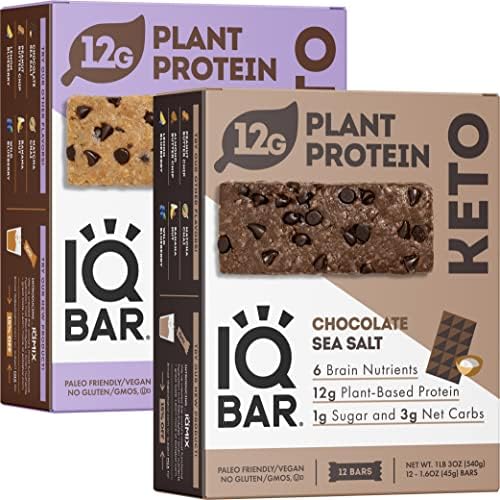 IQBAR Brain and Body Keto Protein Bars - Chocolate Sea Salt and Almond Butter Chip - 12 Count Energy Bars - Low Carb Protein Bars - High Fiber Vegan Bars Low Sugar Meal Replacement Bars