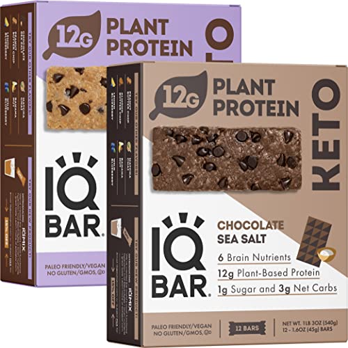 Iqbar Brain And Body Keto Protein Bars - Chocolate Sea Salt And Almond Butter Chip - 12 Count Energy Bars - Low Carb Protein Bars - High Fiber Vegan Bars Low Sugar Meal Replacement Bars #TOP3