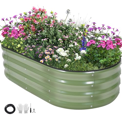 TECANA Hochbeet Metall 120 x 60 x 30cm, Verzinktes Hochbeete für Garten, Wetterfest & Rostfrei, Gemüsebeet Gartenbeet Ovales Hochbeet für Gemüse, Kräuter, Langlebig Pflegeleicht, Olivergrün