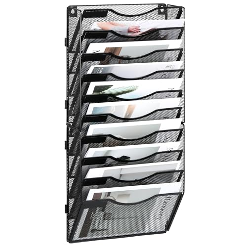 TQVAI 10 Compartimentos Malla Metal Revistero Pared Documentos Organizador Papeles A4 Colgante Oficina Archivador de Organizador Herramientas Pared, Negro