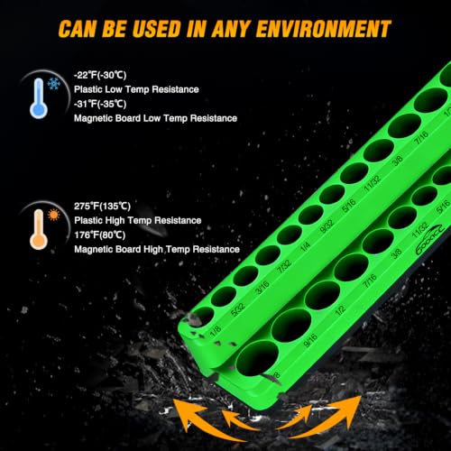 Image of GOOACC 4 PCS Magnetic Socket Organizer, Heavy Duty Socket Organizer Tray 1 /4 inch 3 /8 inch SAE Metric Drive Sockets Holds 108, Magnetic Socket Holder for Tool Box Drawer Chest Garage Storage, Black & Green