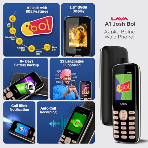 Image of Lava A1 Josh (with BOL Feature) Dual Sim Keypad Mobile Phone | Long-Lasting Battery |22 Launguages Read Support | Auto Call Recording | Call Blink Notification (Black Gold)